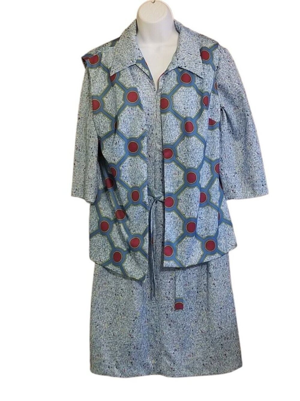 Vintage Two-Piece Dress & Jacket Set With Geometric Print And Belted Waist